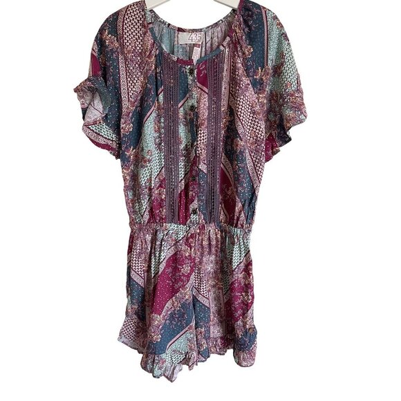 435 Matilda Jane BFFs Moments with You Size 8 Romper Crochet Lace Mixed Print Pu - Picture 1 of 6